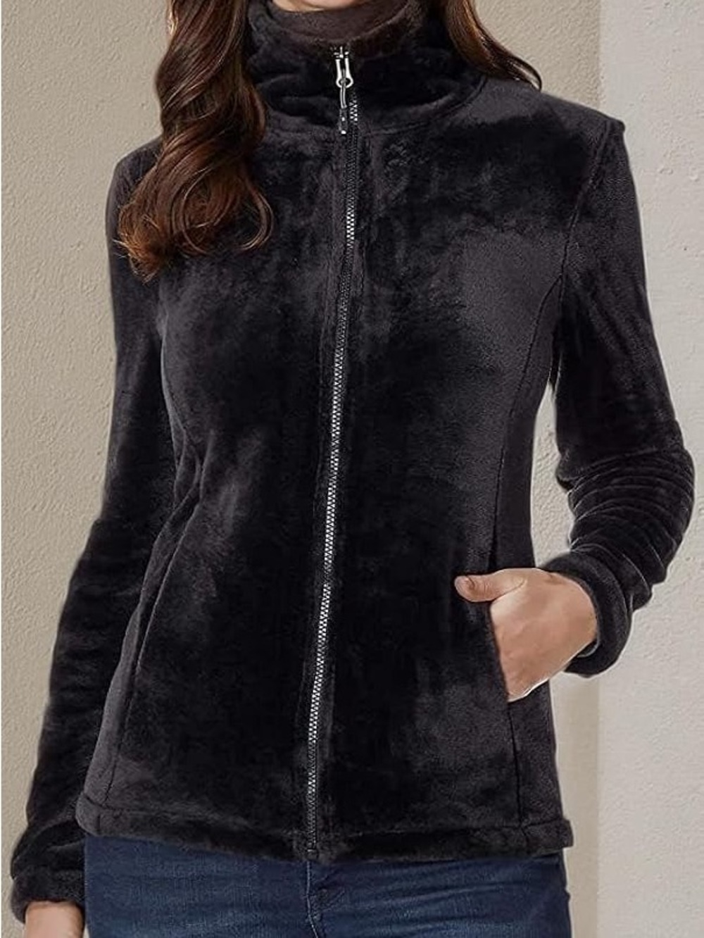 Women's Black Plush Faux Fur Fleece Jacket